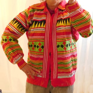 Vintage Miccosukee/Seminole Patchwork Jacket - Red, Green, Yellow, with Ric-rac - Ladies' Medium Size - 1960s-1980s - Free US Shipping