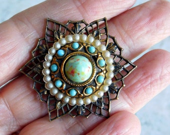 Broche Filigrane Doré Et Perles Turquoise – Bijou Fantaisie Vintage