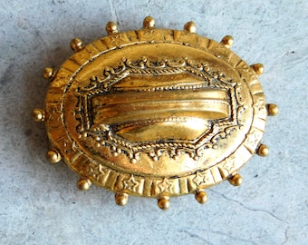 Vintage to Antique Fur Clip Made from Ornate Victorian Brass Brooch - Oval Dimensional Goldtone Pin - 1920s-1930s