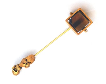 Vintage Unmarked Miriam Haskell Square Tiger's Eye and Goldtone Stick Pin - Genuine Natural Tiger's Eye Cube - Mid-Century Modern Geometric