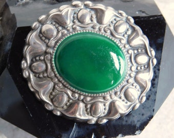 Circa 1900 Victorian 800 Silver Brooch with Green-Glazed Ceramic Stone - European Oval Pin, Repousse Pattern - C-Clasp- Free Shipping