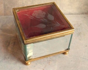 Vintage Beveled Glass Trinket Box / Etched Rose on Hinged Lid - Square w/ Red Velvet Lining - 1960s - Free US Shipping - Brass Bun Feet