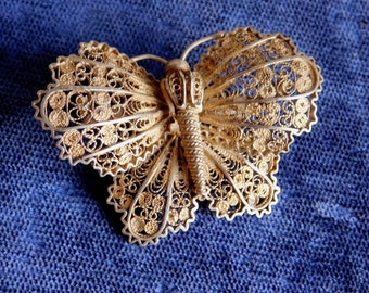 Vintage Cannetille Sterling Silver Filigree Butterfly Brooch - Gold Washed Wire Work - Flying Insect Pin - Great Aged Patina - Handmade Pin