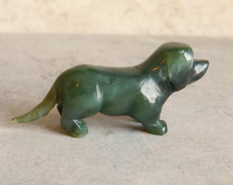 Vintage Nephrite Jade Hand-Carved Miniature Basset Hound Dog Figurine - Dark Green Translucent Jade - 2" Long - Free US Shipping