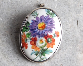 Vintage Sterling Silver Brooch / Pendant Made from Pottery Shard - Multi-Color Transfer-Printed floral Bouquet - Hidden - Free Ship