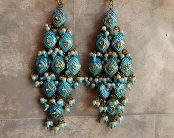 Vintage Huge Dangly Earrings with Blue Enamel, Faux Pearls and Rhinestones - Translucent Robin's Egg Blue Enamel - Free US Shipping