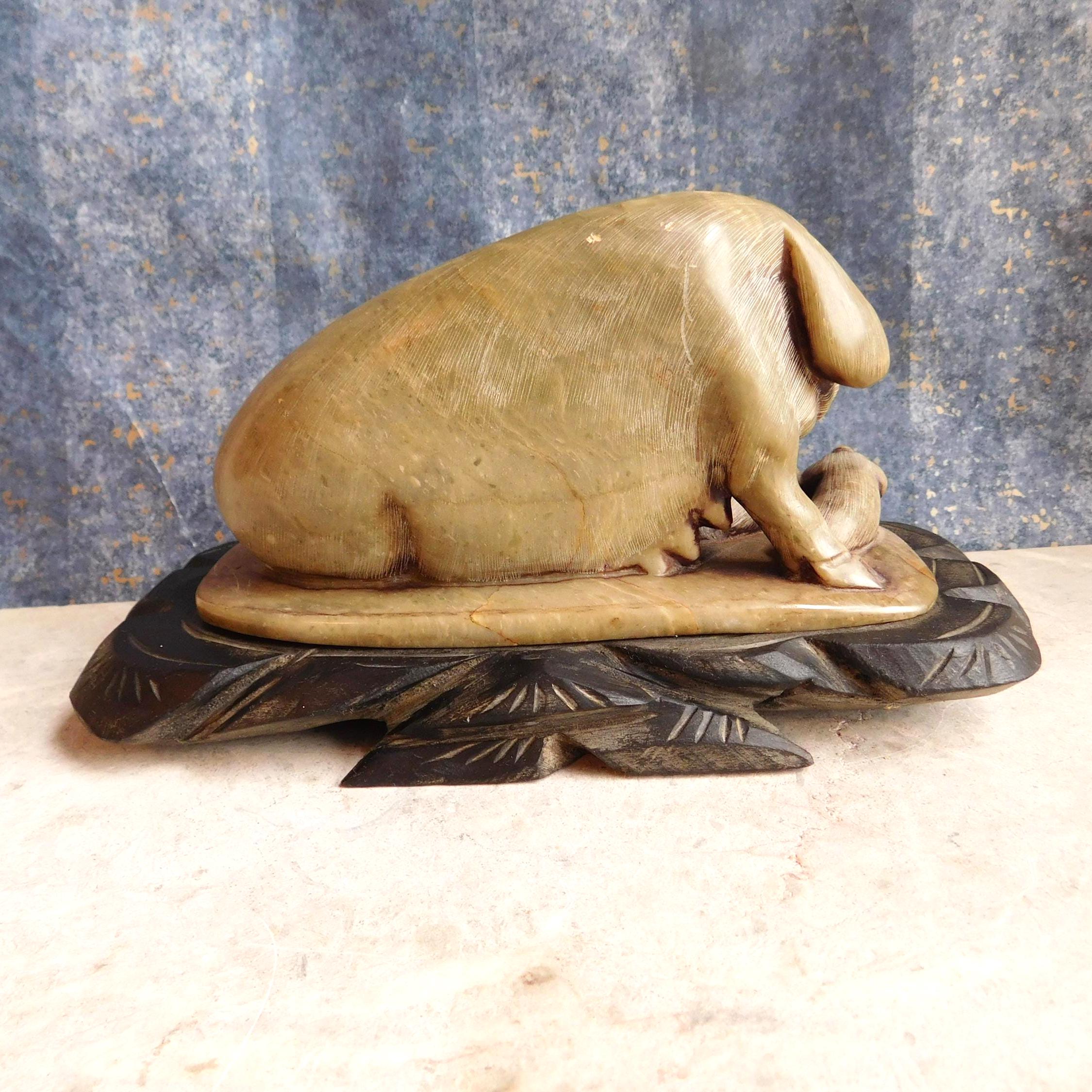 Vintage to Antique Chinese Carved Soapstone Pig W/ Piglets