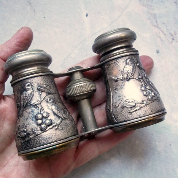 Antique Silver-Plate Chevalier Paris Opera Glasses with Birds and Berries