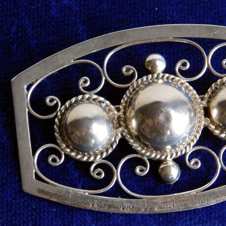 Vintage Mexican Sterling Silver Filigree Brooch Signed Mexico City Distrito Federal 1940s Mid-Century Modernist Silver Pin