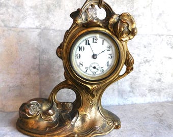 Antique Art Nouveau Weidlich Brothers Desk Clock - Gold Gilt Faux Ormulu - Porcelain Face - For Repair