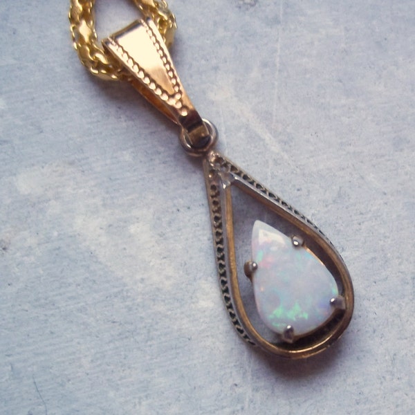 Vintage Teardrop Opal Pendant Necklace in Filigree Setting