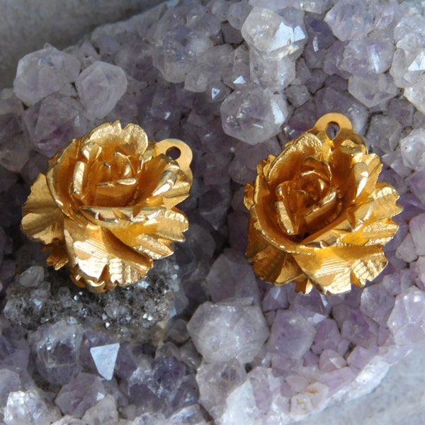 Vintage Polcini Goldtone Rose Clip-on Earrings - Signed Designer Jewelry - 1960s to 1980s - Realistic, Dimensional Flowers - Free Shipping