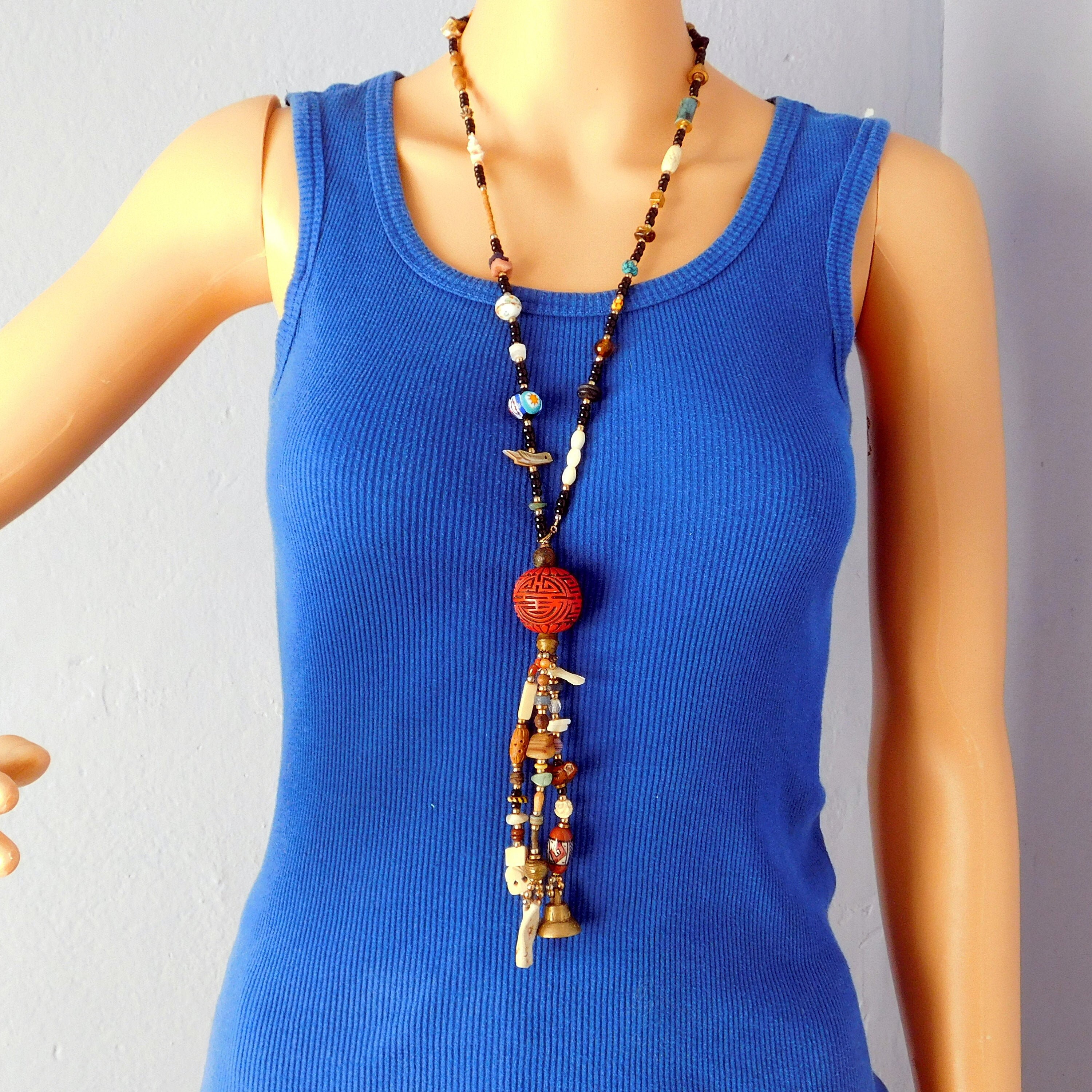 Vintage Bead Collection Necklace W/ Large Carved Cinnabar