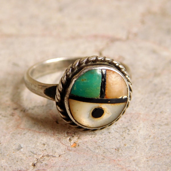 Vintage Native American / Zuni Sunface Stone Inlay Ring - Sterling Silver, Turquoise, Mother-of-Pearl  - Southwestern - Free US Shipping
