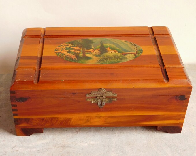Vintage Lane Miniature Cedar Chest With Cottage Landscape Lithograph
