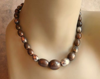 Vintage Copper and Silver-Plated Bead Necklace - Chunky Graduated Oval Beads - Sterling Silver Clasp - 16" Choker - Free US Shipping