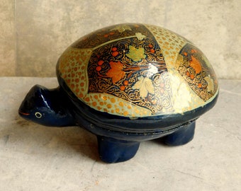 Vintage Kashmir Lacquered Papier Mache Turtle Trinket Box - Hand-Painted Intricate Traditional Indian Floral Pattern - Gold/Black/Green