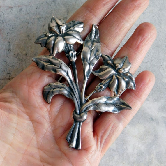 Vintage Sterling Silver Danecraft Floral Brooch -… - image 1