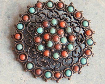 Vintage Round Copper Brooch w/ Faux Turqoise and Faux Coral Stones - Ornate Openwork - 2 Available, Choose Your Favorite - Free US Shipping