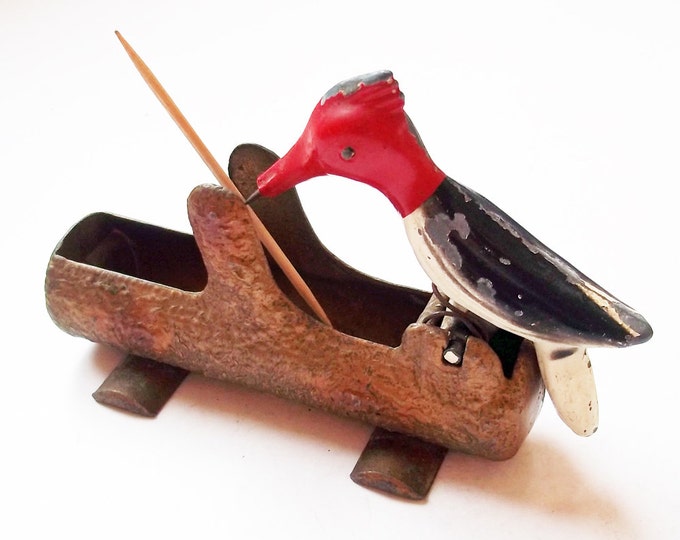Vintage Cast Iron Woodpecker Toothpick Dispenser, 1940s Mechanical