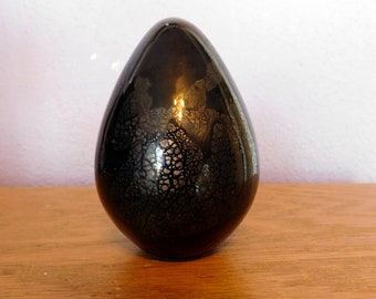 Vintage Signed Martha Henry Hand-Blown Art Glass Large Hollow Egg - Black w/ Gold Leaf - Desk Accessory, Paperweight -