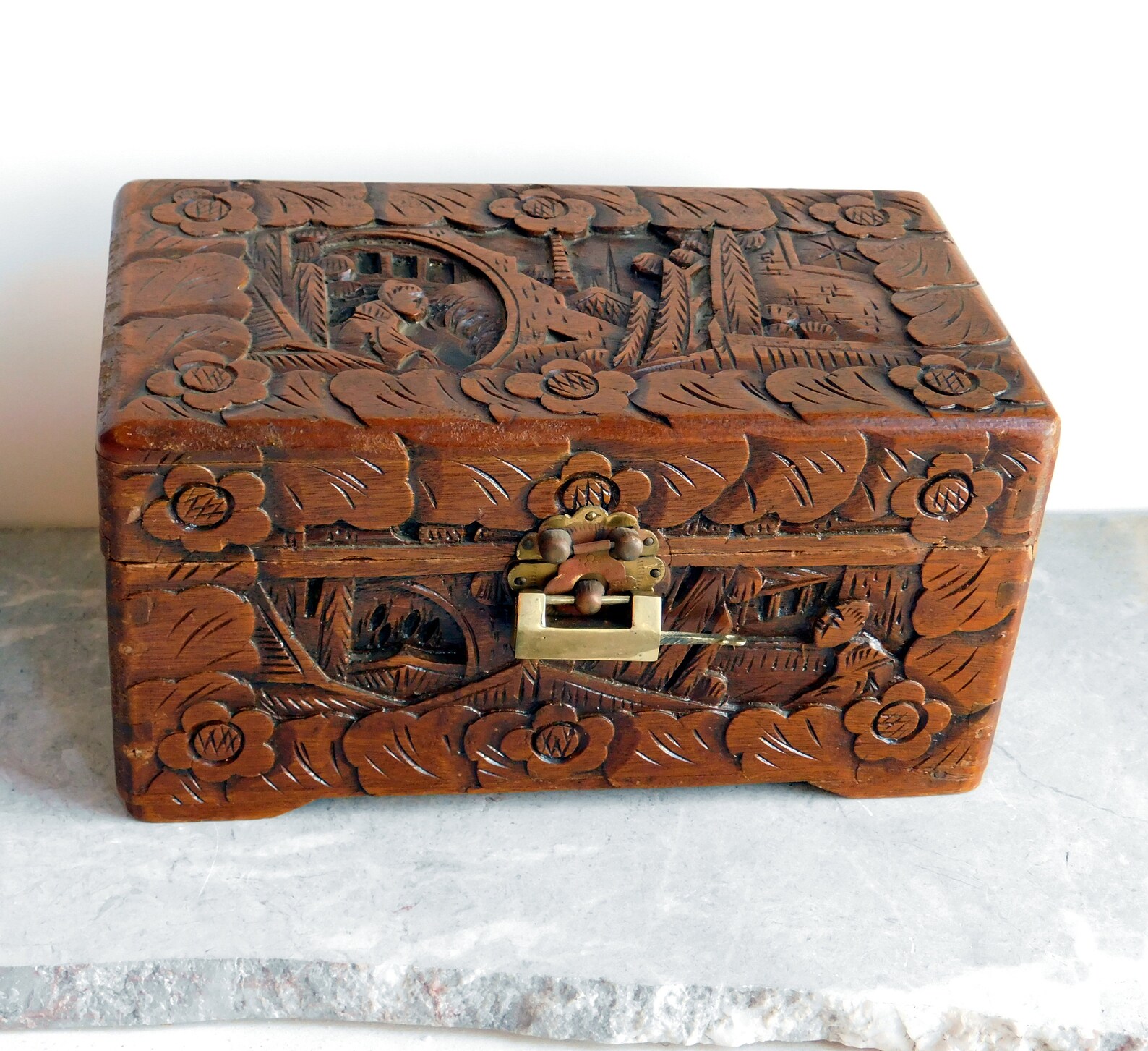 Vintage HandCarved Wooden Camphor Chest w/ Brass Lock Etsy