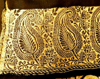 Vintage Hand-Woven Black Silk Scarf w/ Metallic Gold Embroidery - Lush Paisley Pattern - Long Skinny Scarf Made in India - Free Shipping