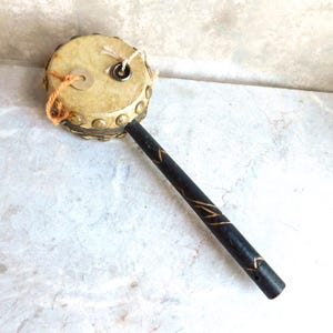 Vintage &quot;Daiko&quot; 2-Sided Stick Drum w/ Hand-Carved Snake - Pellet Rattle - Japan - Beggar Drum - Spinning Twist Drum - Free US Shipping