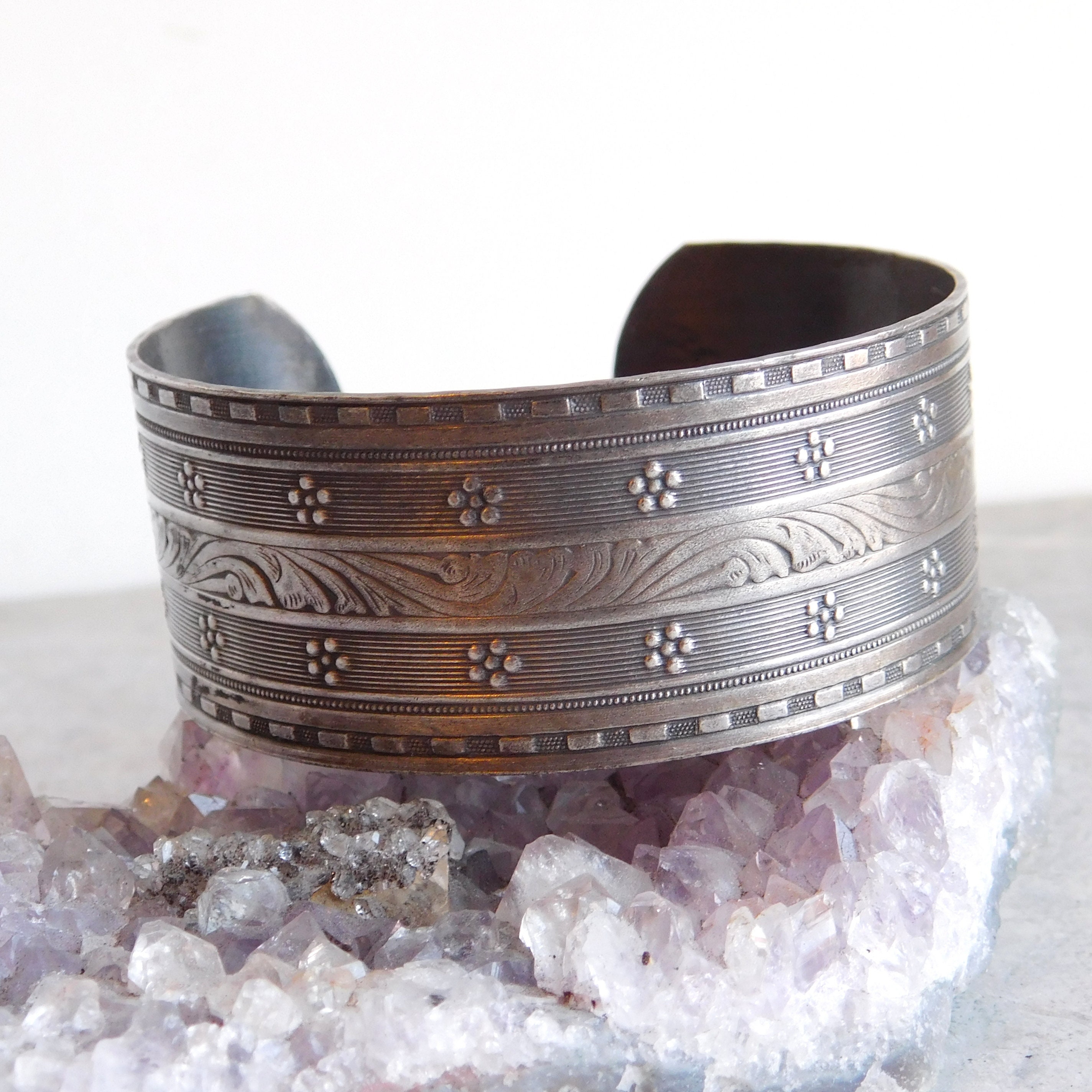 Bracelet Manchette Plaqué Argent - Décor Feuilles D'Acanthe - Poignet Fin - Occasion