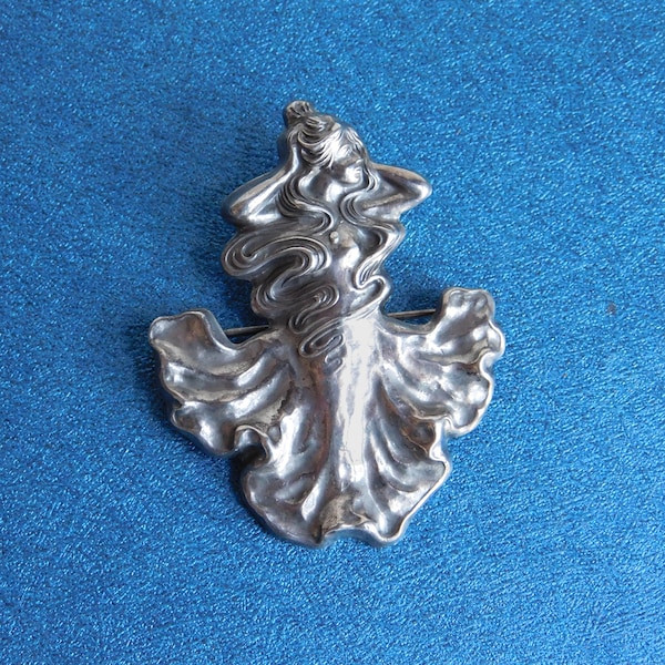 Vintage Art Nouveau Edwardian/Victorian Style Silver-Plate Brooch - Woman w/ Flowing Hair and Skirt - Retro Revival Pin - Repousse Brooch