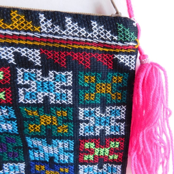 Vintage Hmong Tiny Cross Stitch Small Purse - Hand Embroidered Ethnic Folk Art - Pink Tassels, Shoulder Strap - Zipper Closure - Lined View 3