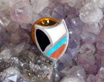 Vintage Sterling Silver Shield Pin or Tie Tac - Southwestern Style Collar Pin w/ Enamel - Aqua, Orange, Black, White Faux Stone Inlay