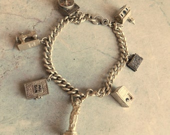 Vintage Sterling Silver Charm Bracelet w/ 7 Very Special Charms -1930s-1940s - Stanhopes and Moveable - Free US Shipping