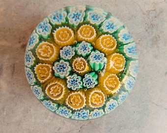 Vintage Murano-Style Millefiori Hand-Blown Art Glass Paperweight - Close-Packed Canes - Green, Yellow, Blue and White - Free US Shipping