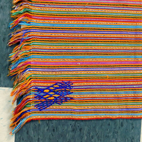 Vintage Hand-Woven Guatemala Table Mat with Embroidered Stylized Roosters in Each Corner - Orange & Rainbow Stripes, Fringe  24" x 22-1/2"