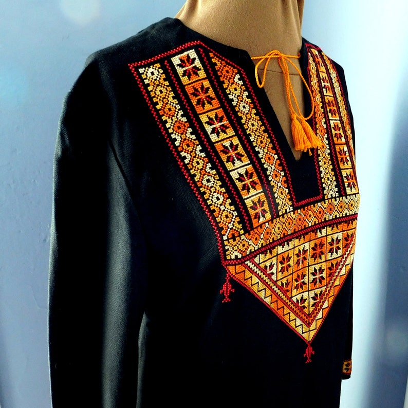 Long Sleeves Bedouin Style Middle-Eastern Vintage Cross-Stitch Caftan Handmade Orange and Gold on Black Small to Medium Size
