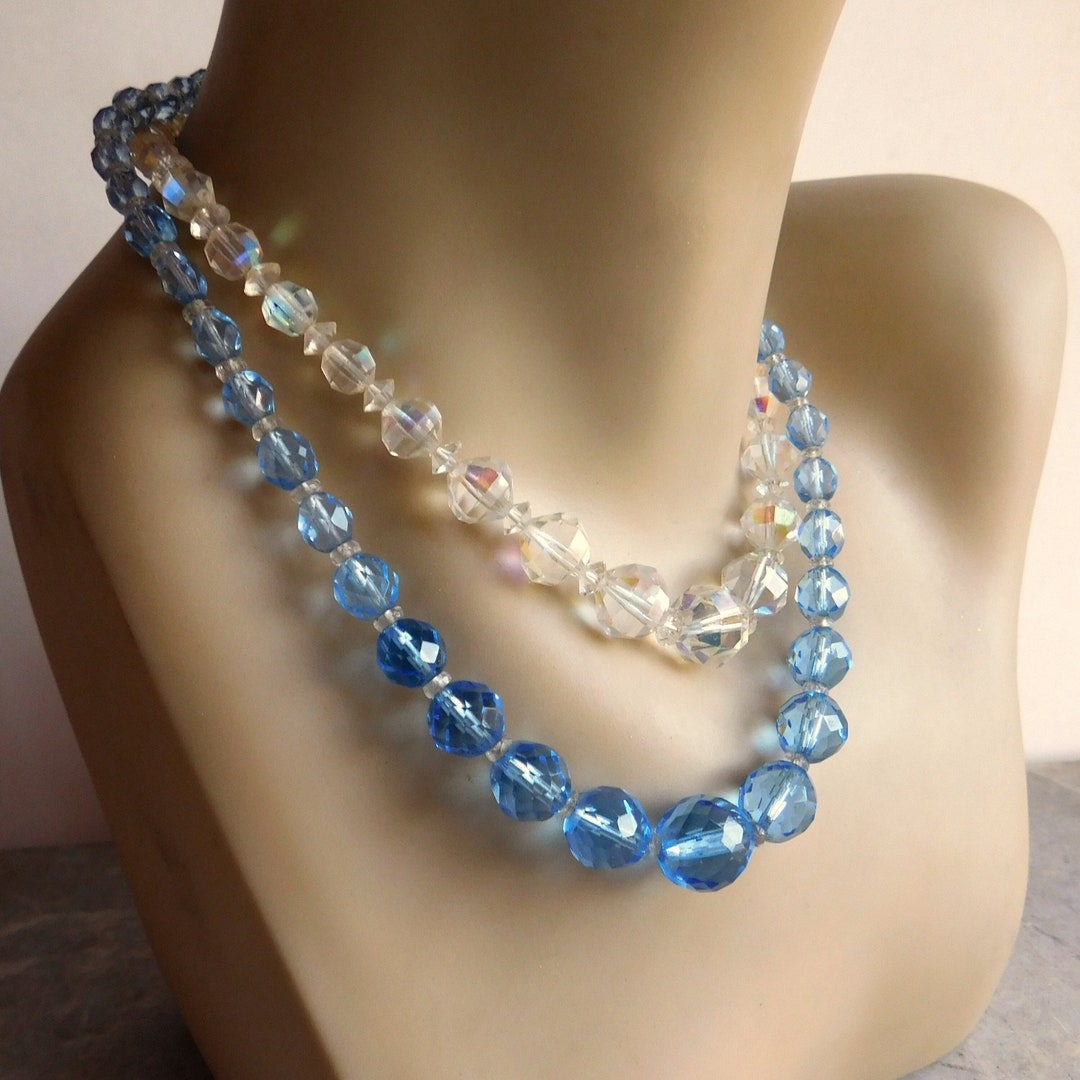 ◇Primaute◇ BLUE BEADS CRYSTAL NECKLACE Austrian Czech AB Light Blue Crystal Bead Three Strand