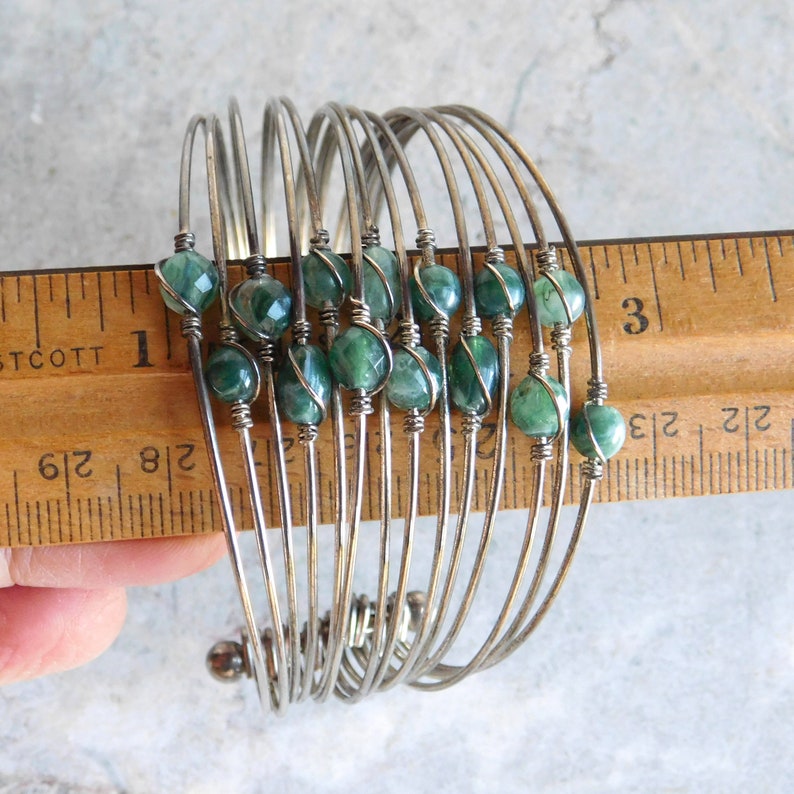 Wide Silver Wire Cuff 15 wires 14 beads Vintage Silverplate Multi-Wire Cuff Bracelet w Green Glass Beads Faux Jade Boho Cuff