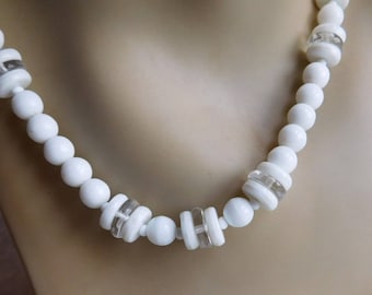 Vintage 1960s White and Clear Acrylic Bead Necklace - Mid-Century Style - 24-inch Necklace - Mod Beads