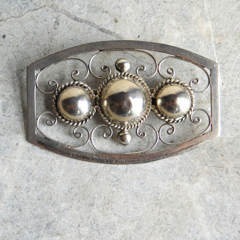 Vintage Mexican Sterling Silver Filigree Brooch Signed Mexico City Distrito Federal 1940s Mid-Century Modernist Silver Pin