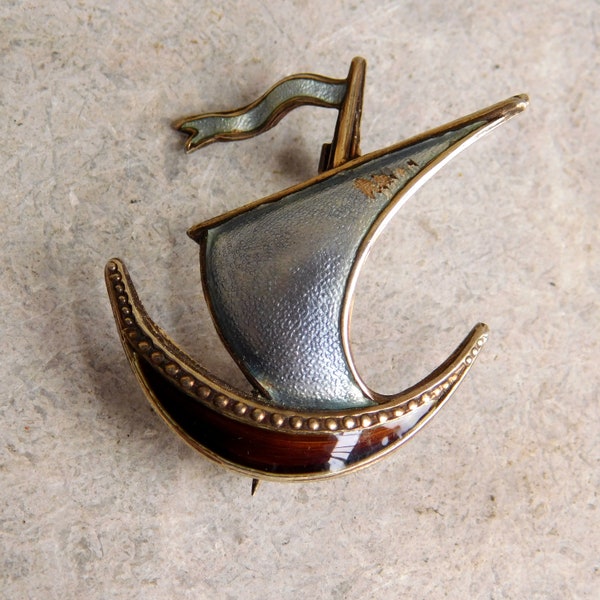 Vintage Ivar T Holth  Norway Sterling Silver / Guilloche Enamel Sailing Ship Brooch - 1940s Pin - Scandinavian