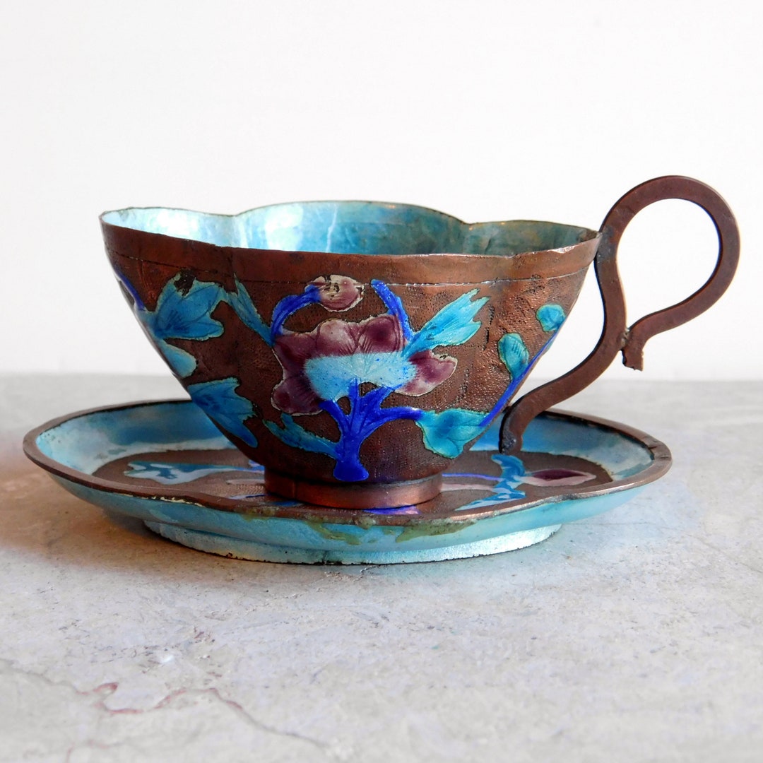 Vintage to Antique Chinese Export Enameloncopper Tea Cup and Saucer