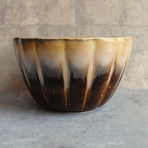 Vintage California Pottery Lobed Bowl - Drip Glaze in Brown, Cream, Pale Yellw - Mid-Century to 1970s - 3-3/8&quot; tall x 5-1/2&quot; Diameter