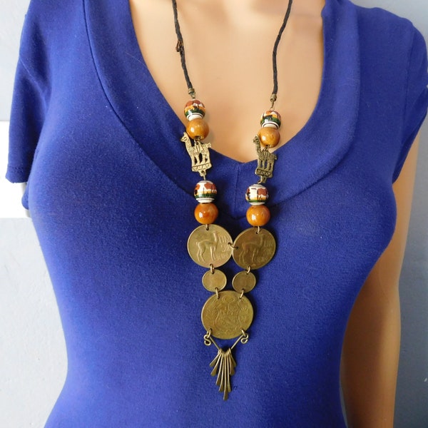 Vintage Peruvian Coin Necklace - Un Sol de Oro Llama Coins - Hand-Painted Ceramic Beads - On Leather Thong - 1970s Boho Hippie Necklace