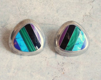 Vintage Mexican Sterling Silver Chunky Stud Earrings w/ Inlaid Multi-Color Stone - Signed CII - 1980s Style - Turquoise, Onyx, Malachite