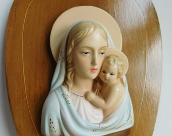 Vintage Italian Chalkware Madonna Wall Hanging - Virgin Mary, Baby Jesus - Magri Label - Hand Painted Catholic Religious Christian Icons