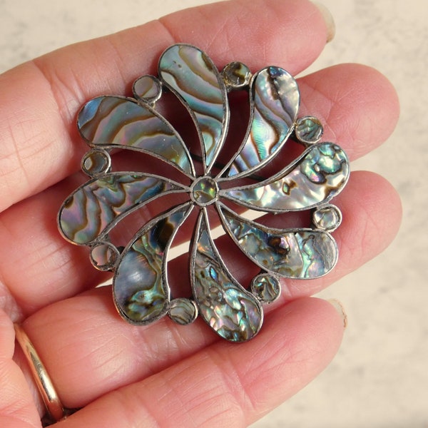 Vintage Mexican Silver Pinwheel Brooch/Pendant - Expertly Inlaid Abalone Shell - Taxco Artisan Signed MSR - Free US Shipping