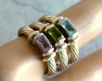 ONE Vintage Sterling Silver Cable Ring w/ Semi-Precious Gemstone - Emerald-Cut Amethyst (Purple), Blue Topaz, or Peridot (Green) Sz 8