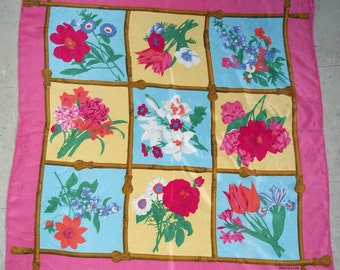 Vintage Jones New York Seidentuch Quadrat- Leuchtendes Blumenmuster - Hot Pink, Gelb, Blau, Grün
