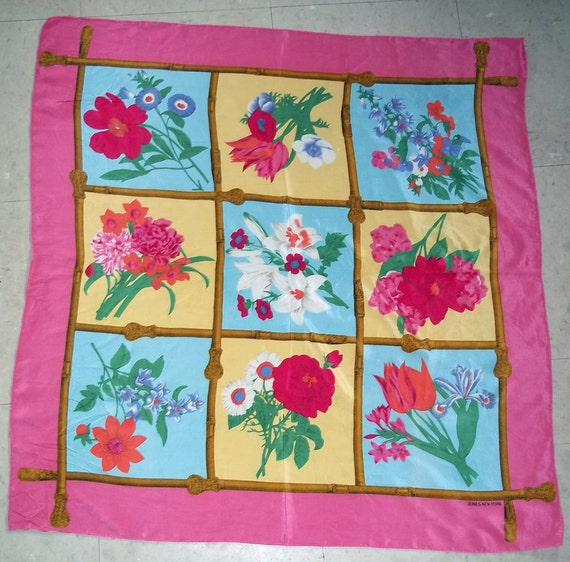 Écharpe Carrée 100% Soie J&X NY – Grand Format 42 Pouces – Imprimé Floral Vintage – Neuf